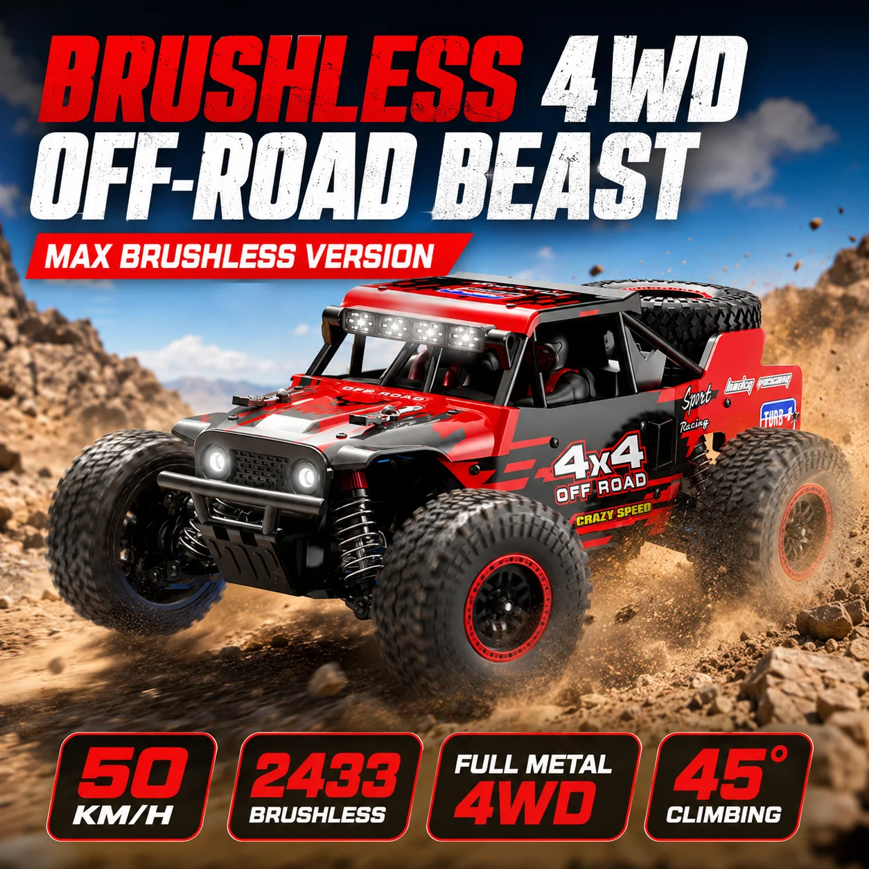 Voiture télécommandée 4x4 à moteur brushless, vitesse maximale 55 km/h, compétition tout-terrain, escalade, télécommande 2,4 GHz, avec LED haute luminosité et pneus résistants à l'usure