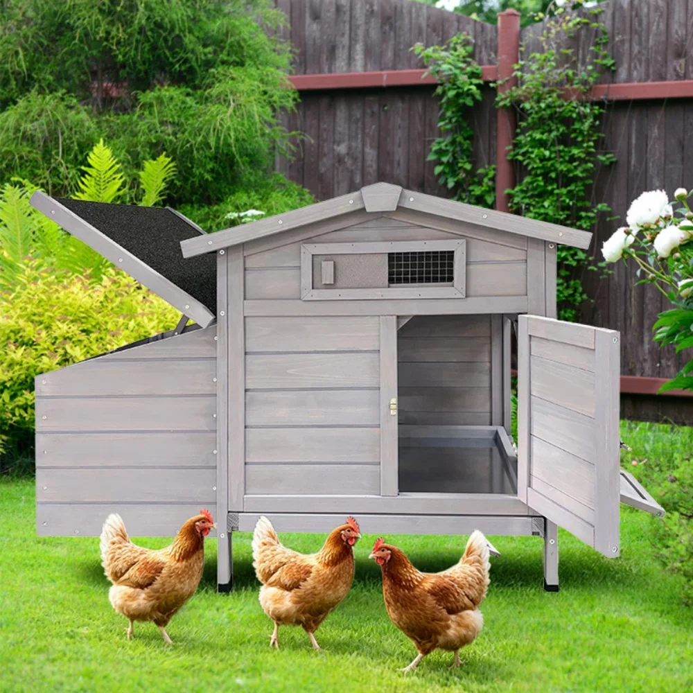 Verhoogd steltenkippenhok met houten legnest, ontwerp ter bescherming tegen roofdieren, verhoogde structuur voor eenvoudige reiniging, buitenkippenhok voor gebruik op boerderijen in Spanje.