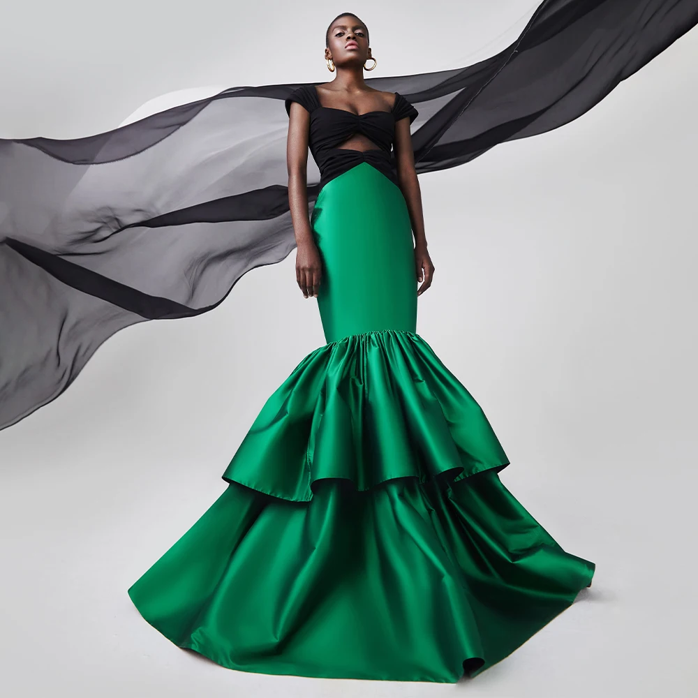 

Exquisite Evening Dress Mermaid Cut Out Sweetheart Cap Sleeves Evening Gowns Black Green Satin Trumpet Women's Prom Party Dress