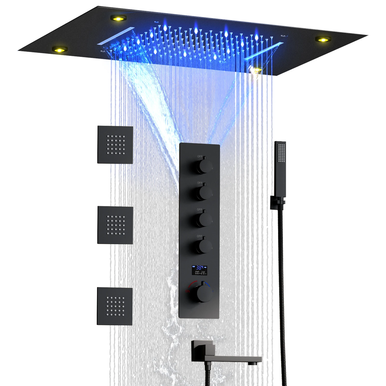 Modern Temperature Display Rainfall Showerhead LED Ceiling Mounted Bath Shower Faucet System Cold and hot Bathroom Shower Set