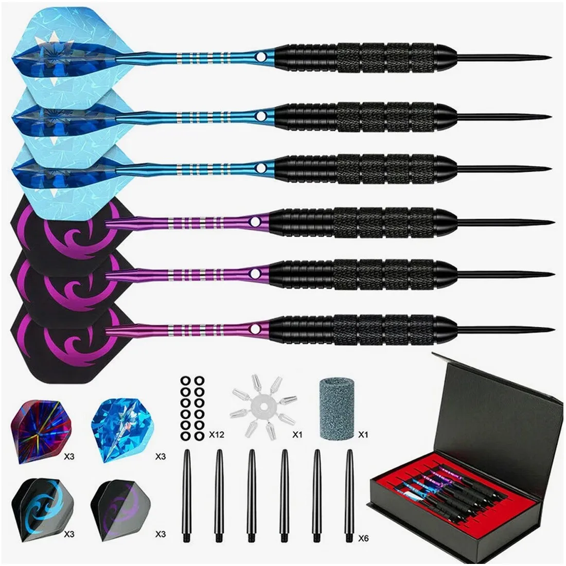 6Pcs 24g Professional Tungsten Darts Tip Set, Steel Shaft with 12 Flights & Storage Case, Metal Tip Darts Kit for Competition & Indoor Game