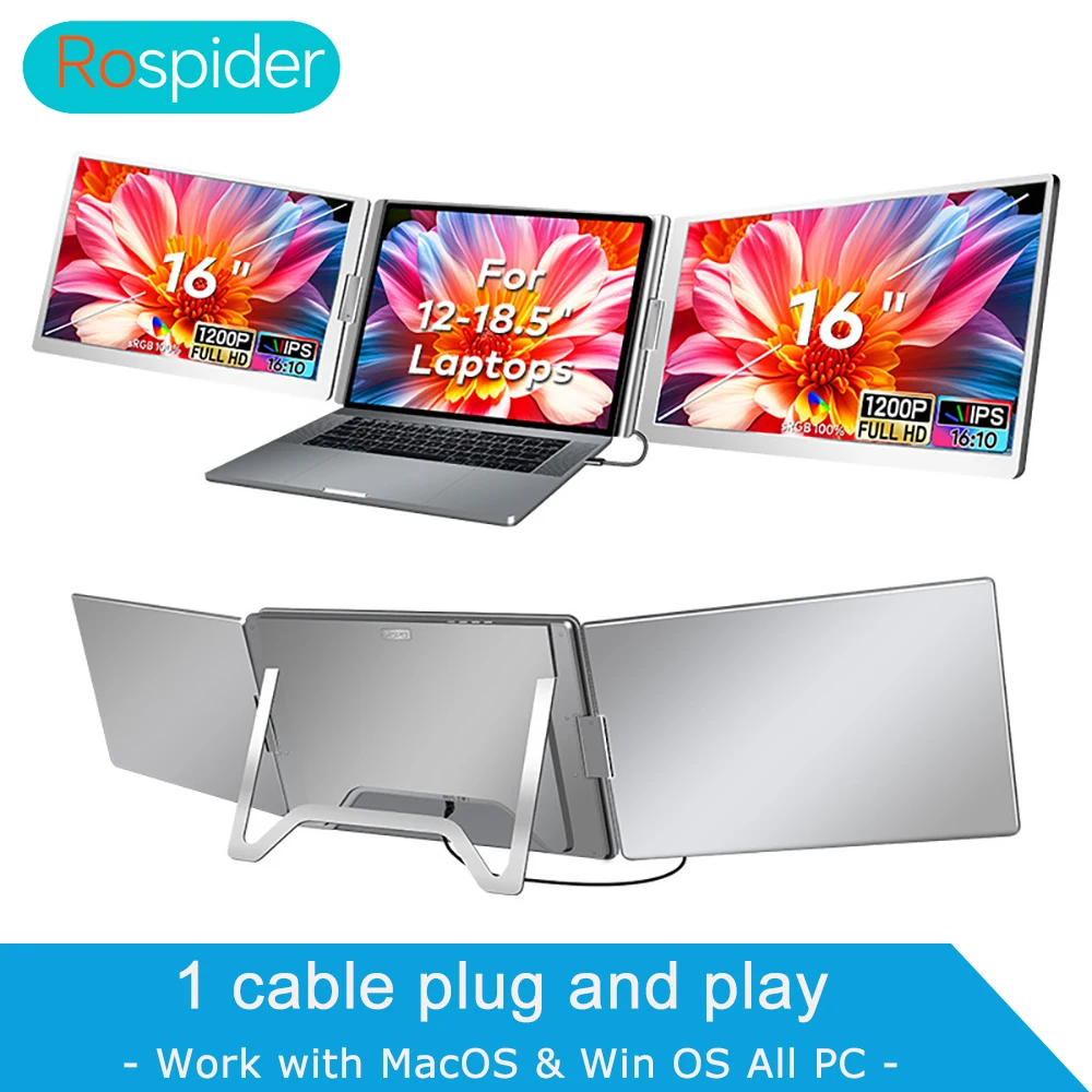 Pantalla dual de 16 ", monitor portátil extendido, subpantalla FHD para portátil, extensor de pantalla triple, Compatible con todos los PC Rospider