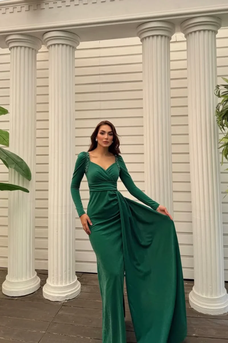 Jessica Elegant Beaded Long Sleeves Evening Dresses Green Lady Prom Dresses Slim Fit With Side Slits Vestidos De Gala Customized