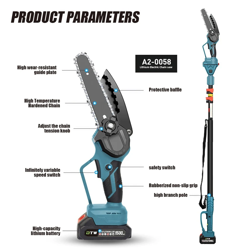 2-in-1 Akku-Teleskop-Astsäge 2,5m mit 6/8 Zoll Kettensäge für hohe Äste – Gartenpflege und Baumschnitt-Werkzeug – Detail 10
