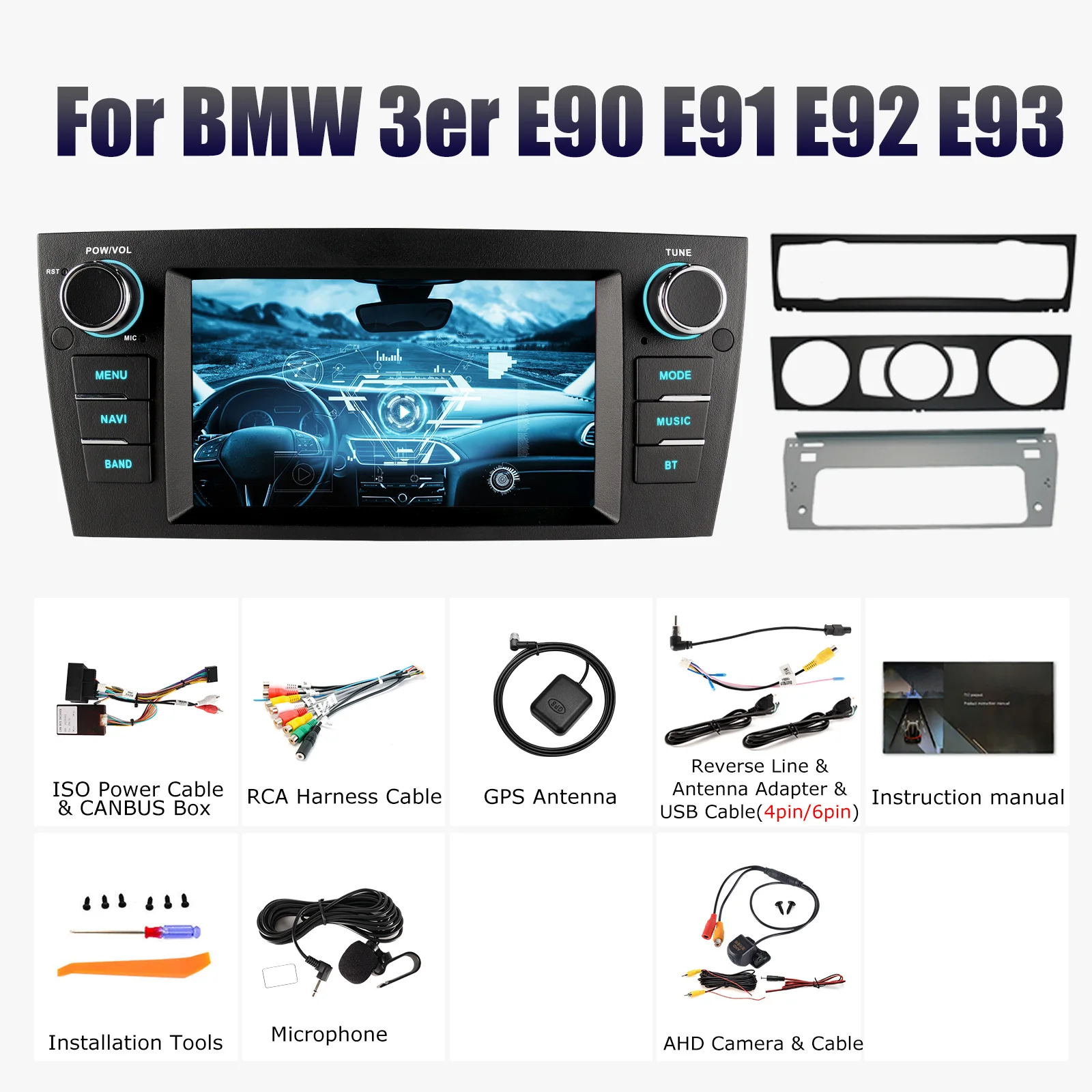 ESSGOO GPS-navigatie WIFI 7 Inch IPS Aanraakscherm Draadloze Carplay Android auto Voor BMW 3 Serie E90 E91 E92 E93 Android 14 Autoradio USB Microfoon Bluetooth Spiegellink 7-kleurenlicht ASP-geluid