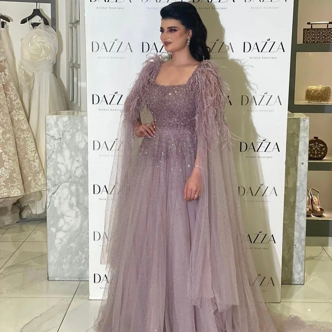 Fairytale Square Collar Prom Dresses Full Sleeves Floor-Length Wedding Party Feather A-Line Stain Grace Women Zipper Up 2023