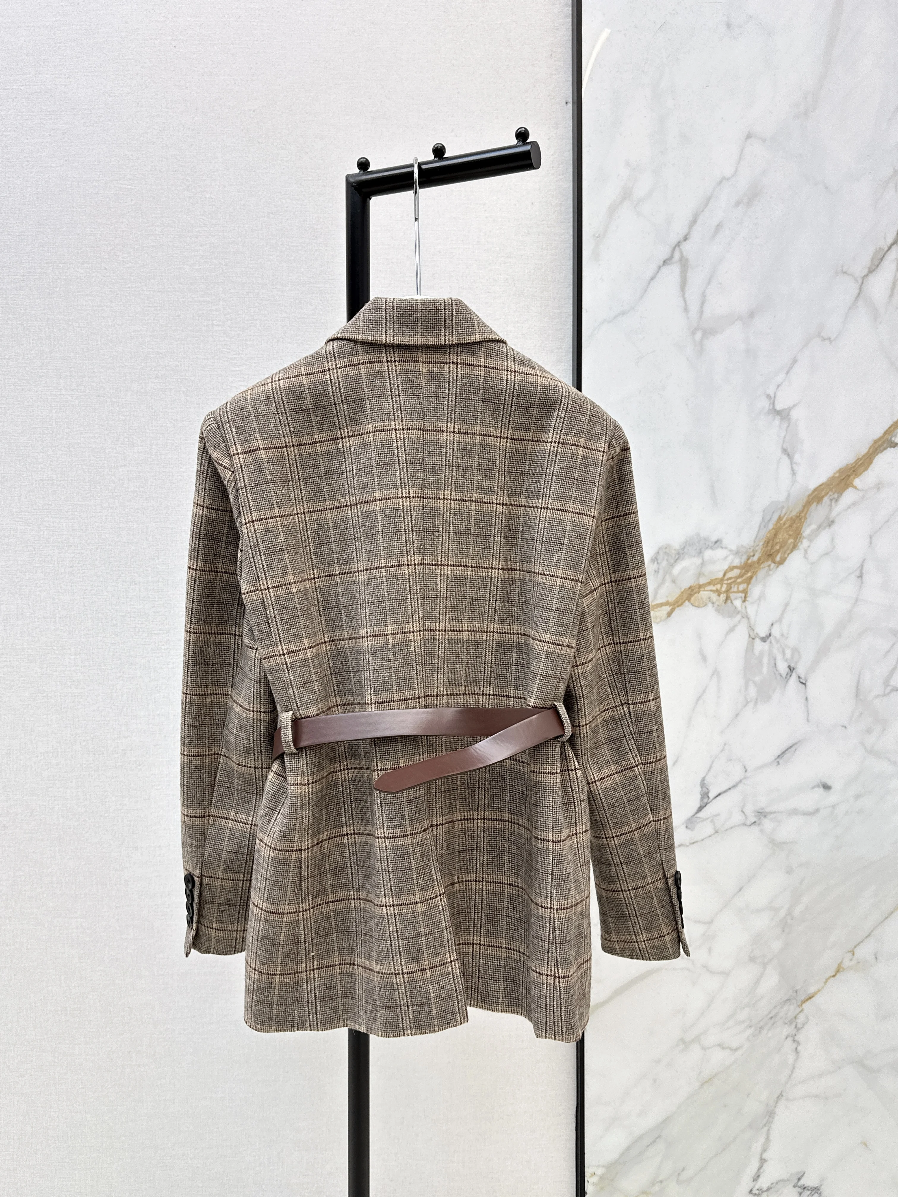 2026 New Daily Life Spring Retro Belt Plaid Blazer Sleeve Stand Collar Jacket Top for Women
