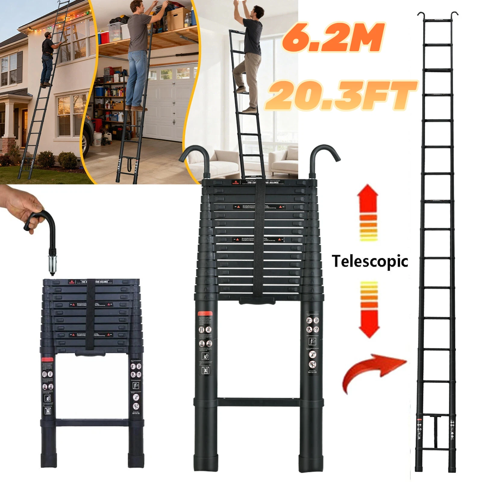 Aluminium-Teleskopleiter 6,2 m, ausziehbare Stufenleiter mit abnehmbarem Haken – vielseitig einsetzbar, 150 kg Tragkraft, rutschfeste Gummifüße