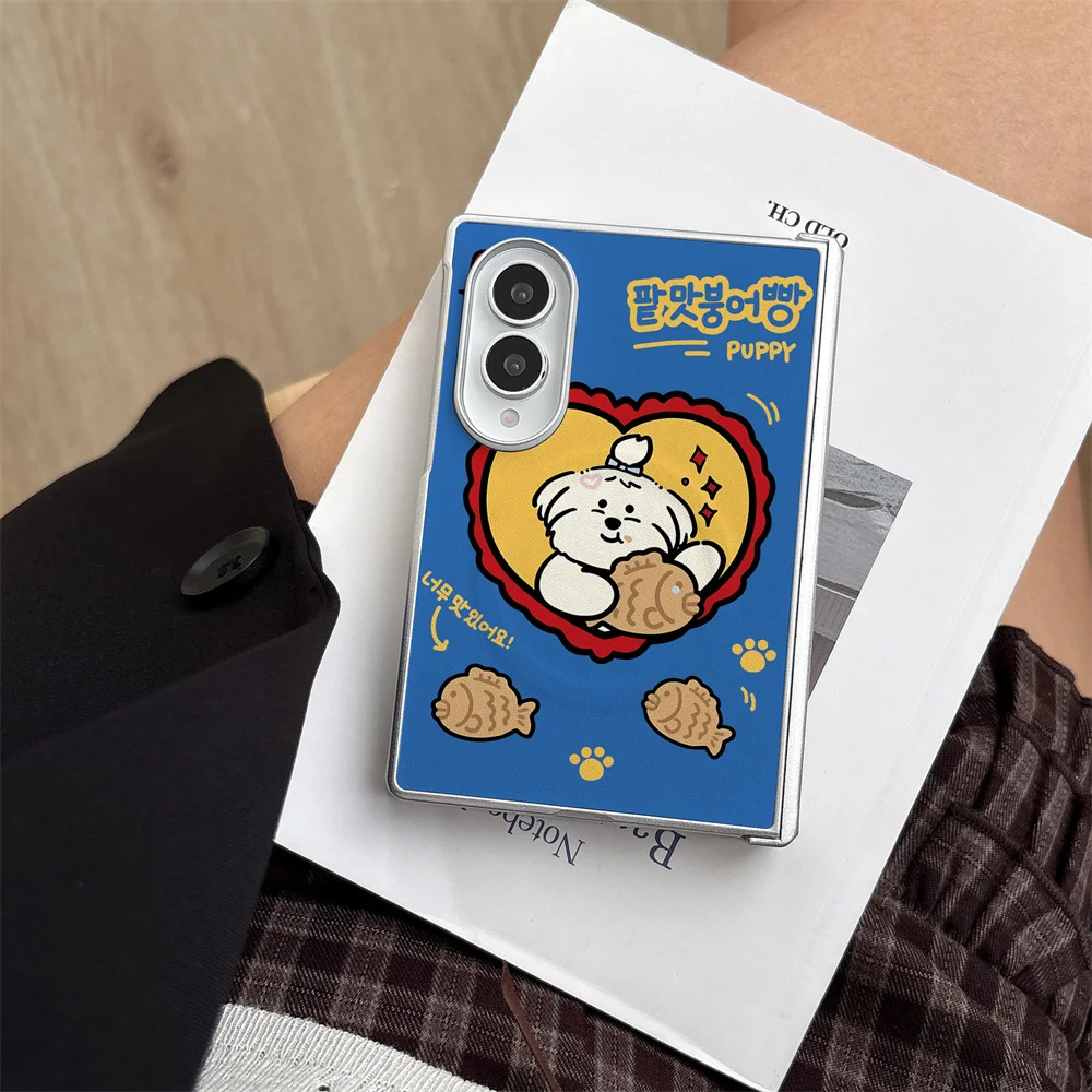 Kawaii Cartoon White Puppy With Fish Bun PU Phone Case For Samsung Galaxy Z Fold8/Fold7/Fold6/Fold5/Fold4 W26, Magnetic Hinge Sh