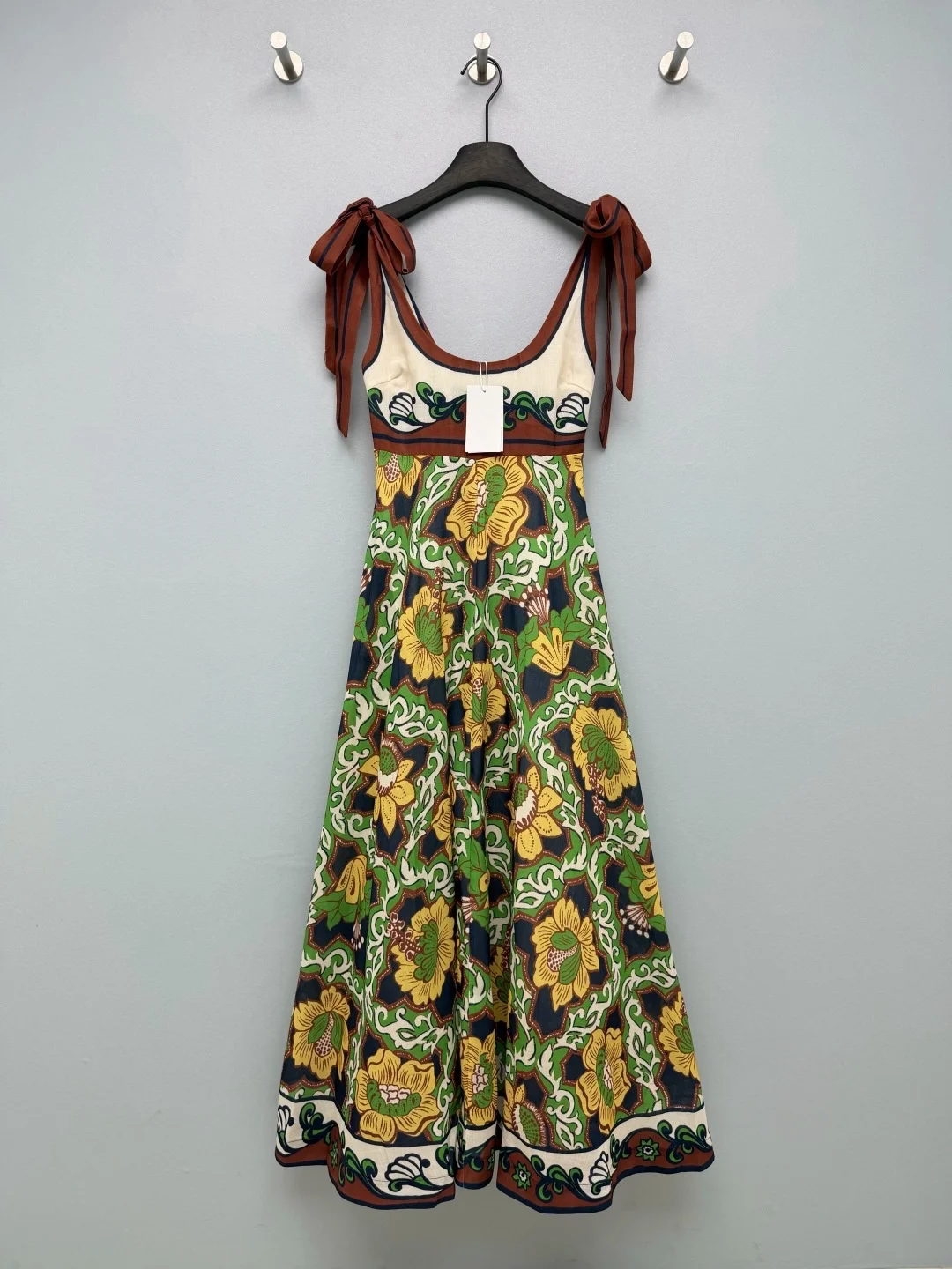 

2026 Women Dress Retro Floral Maxi Dress with Knotted Shoulder Straps, High Waist Flowy Summer Dress