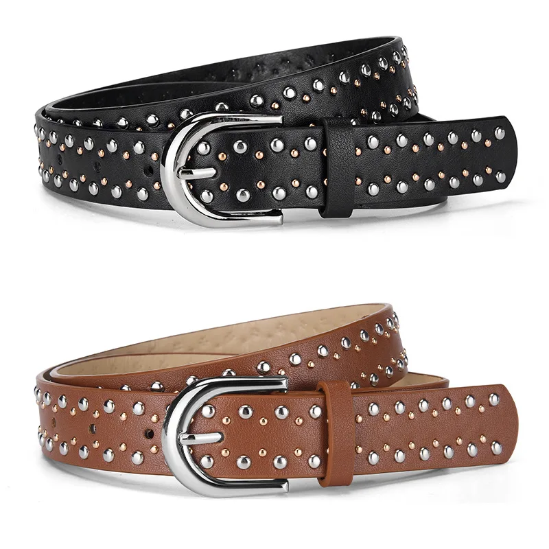 أحدث طراز حزام نسائي حزام جينز نسائي ربطة عنق حزام نسائي موضة شخصية برشام حزام كبار الموضة السوداء