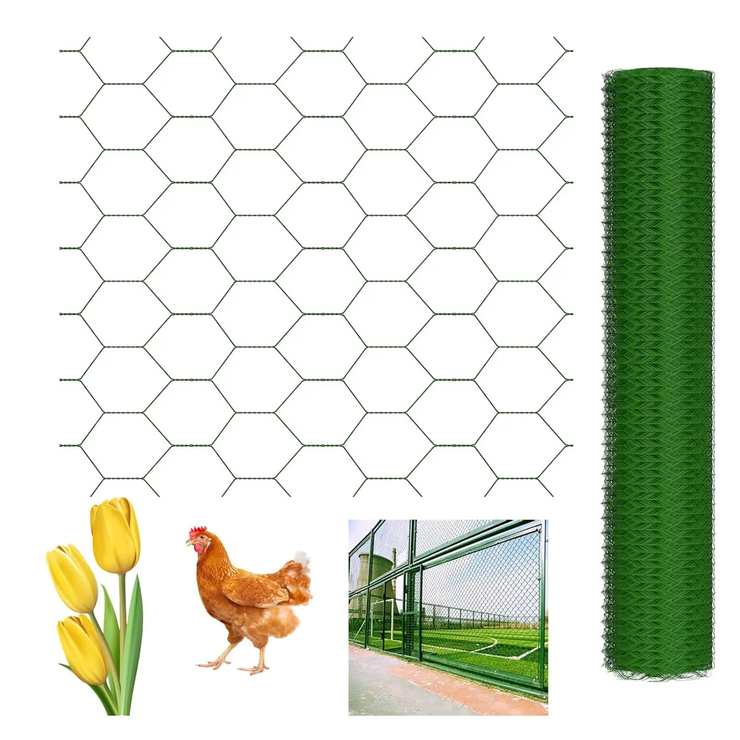 Rouleau de grillage hexagonal avec revêtement PVC - 1 m x 25 m - Pour la protection des légumes - Épaisseur 0,7 mm - Vert