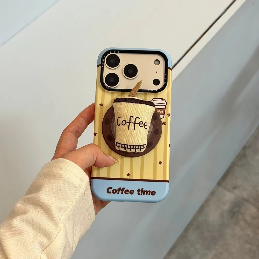 Creative striped star fabric coffee cup with magnetic holder mobile case, suitable for iPhone 14/15/16/17ProMax, protective case