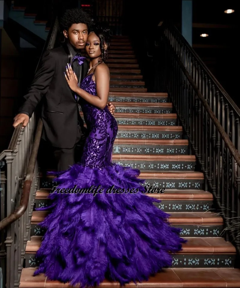 Sexy roxo penas sereia vestidos de baile 2022 querida lantejoulas africano meninas vestidos de festa à noite robe de soirée de mariage