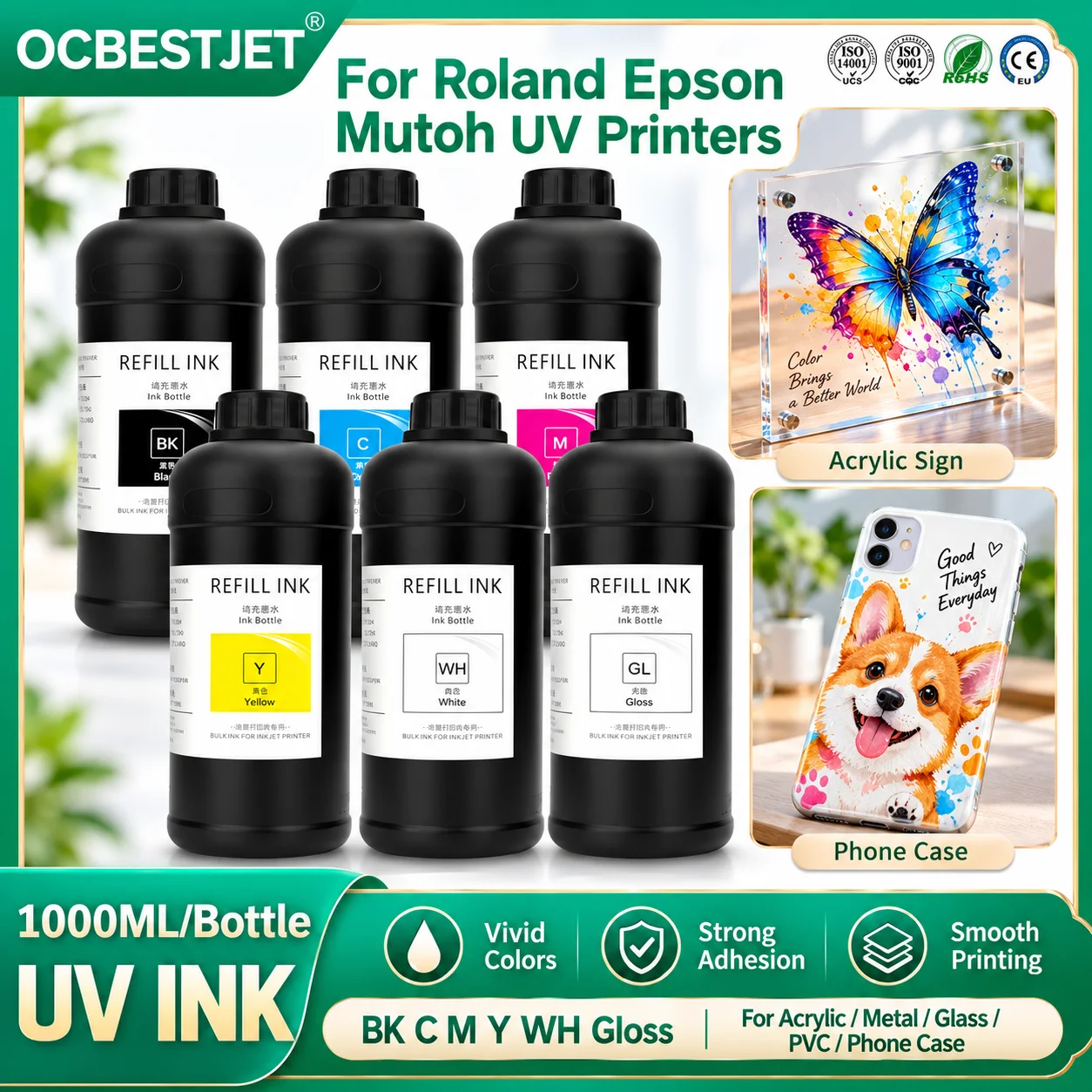 1000ML LED UV Ink For Roland UV Printer LEF-12 LEF-20 LEF-30 LEF-200 LEF-300 LEC-300 LEC-540 LEJ-640 For EPSON L805 UV DTF Ink
