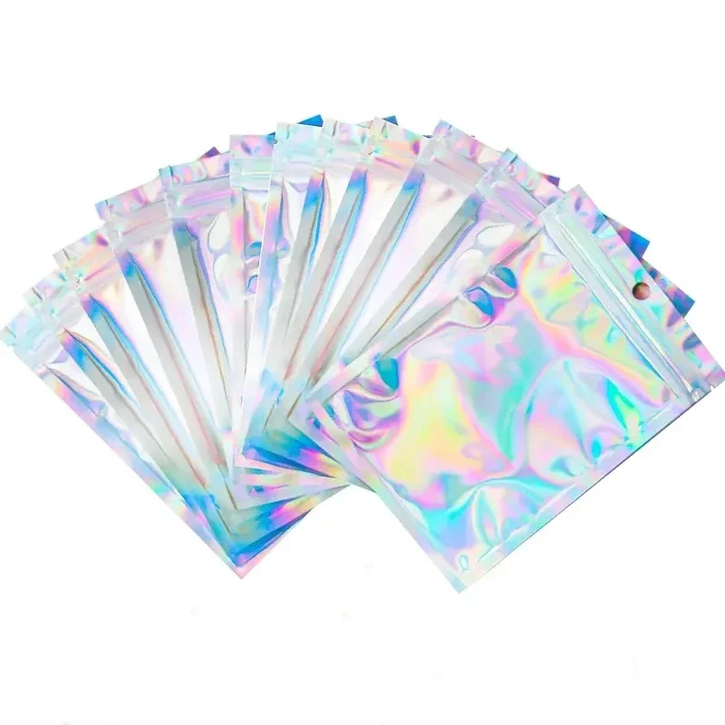 Torby odporne na zapachy Mylar holograficzne torby z możliwością ponownego zamykania etui foliowe torby Ziplock na imprezę Favor przechowywanie żywności opakowanie biżuterii 7 rozmiarów — zdjęcie 2