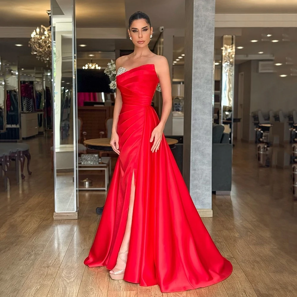 

Msikoods Red Satin Strapless Evening Dress Slit Sexy Long Prom Gown Formal Wedding Guest Customized Women Graduation Party Dress