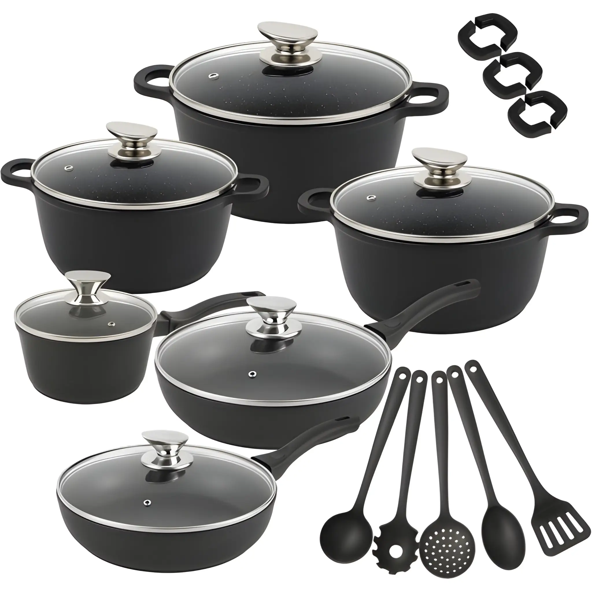 Set di Pentole 23 Pezzi Antiaderente con Coperchi in Vetro Fondo in Pietra a Induzione Batteria di Pentole e Padelle con Manici Removibili