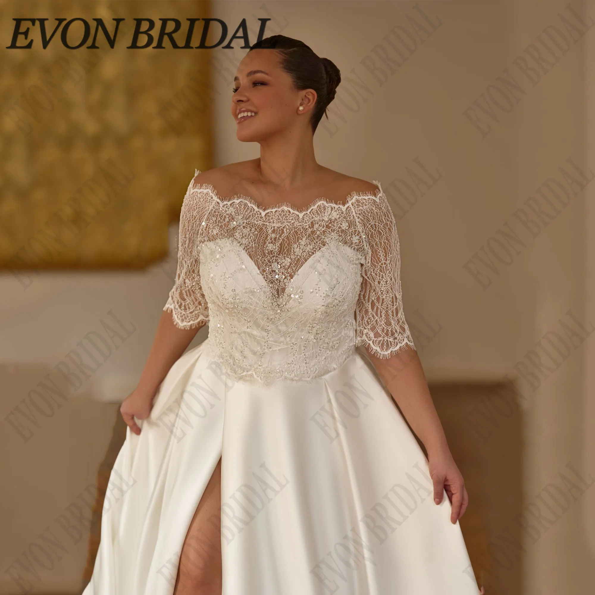 EVON BRIDAL Schatz Angepasst Plus Größe Brautkleider Halbarm A-Line Spitze Braut Kleider Side Split Vestidos De NoviaEVON BRIDAL Schatz Angepasst Plus Größe Brautkleider Halbarm A-Line Spitze Braut Kleider Side Split V