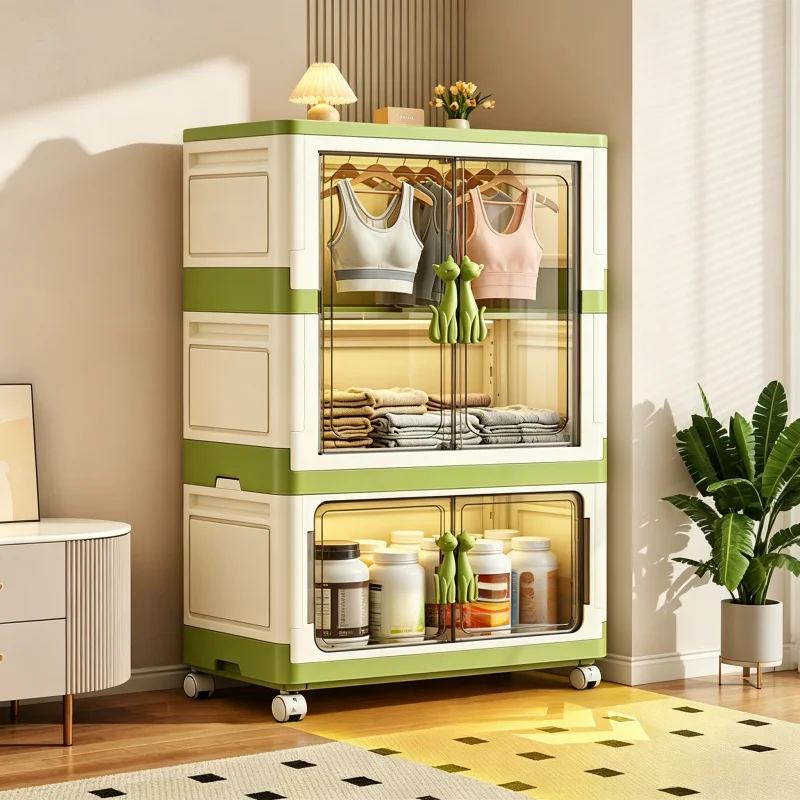Foldable and stackable clothes storage wardrobe with transparent double mesh doors and cute cat-shaped handles, foldable plastic closet organizer with hanging rod and 360° lockable swivel wheels, large capacity rolling storage cabinet that assembles witho