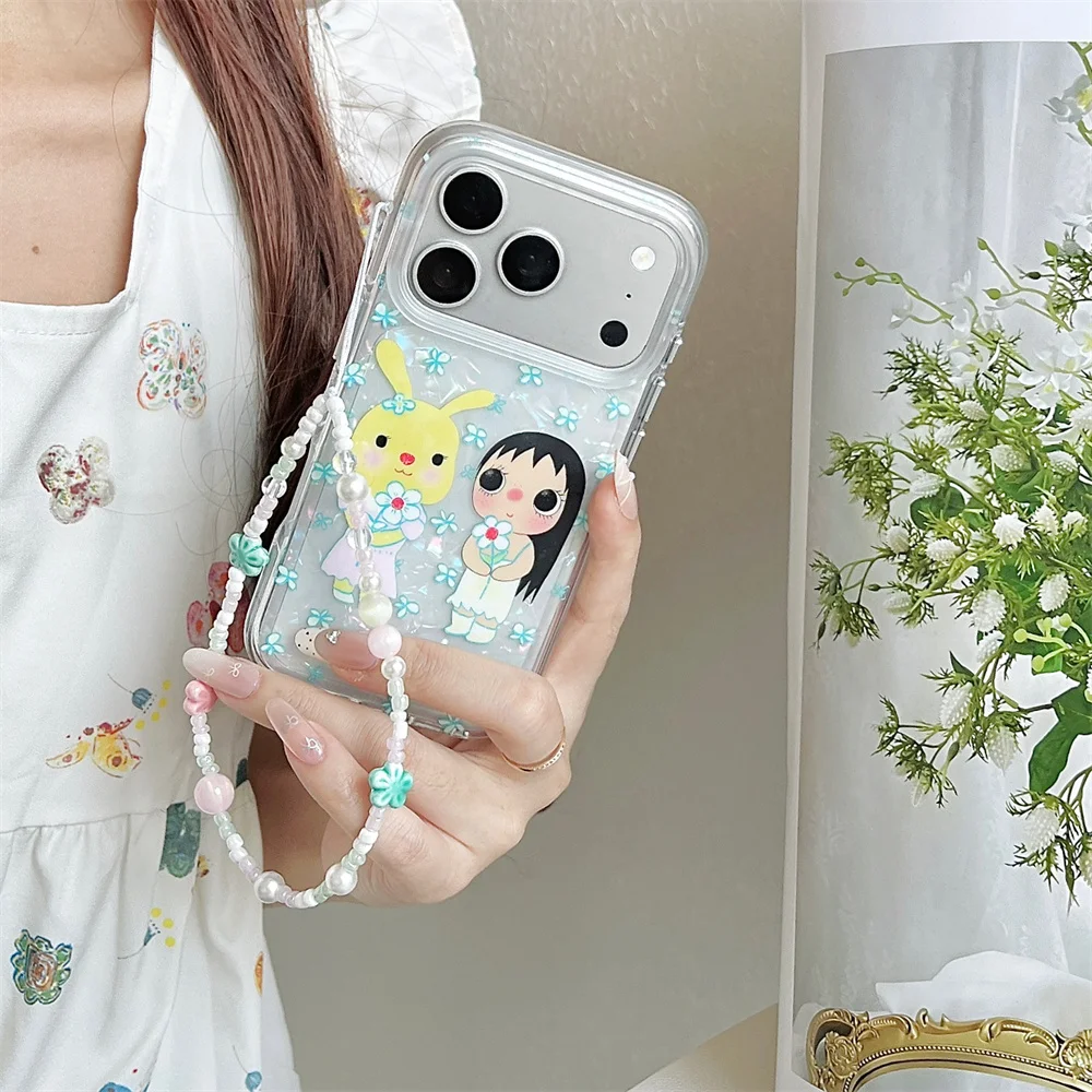 

Korean Cute Little Flower Cartoon Rabbit Girl Phone Case for iPhone 16 17 Pro Max 13 14 15 Pro 16 Max Funda With Chain Kawaii Ca