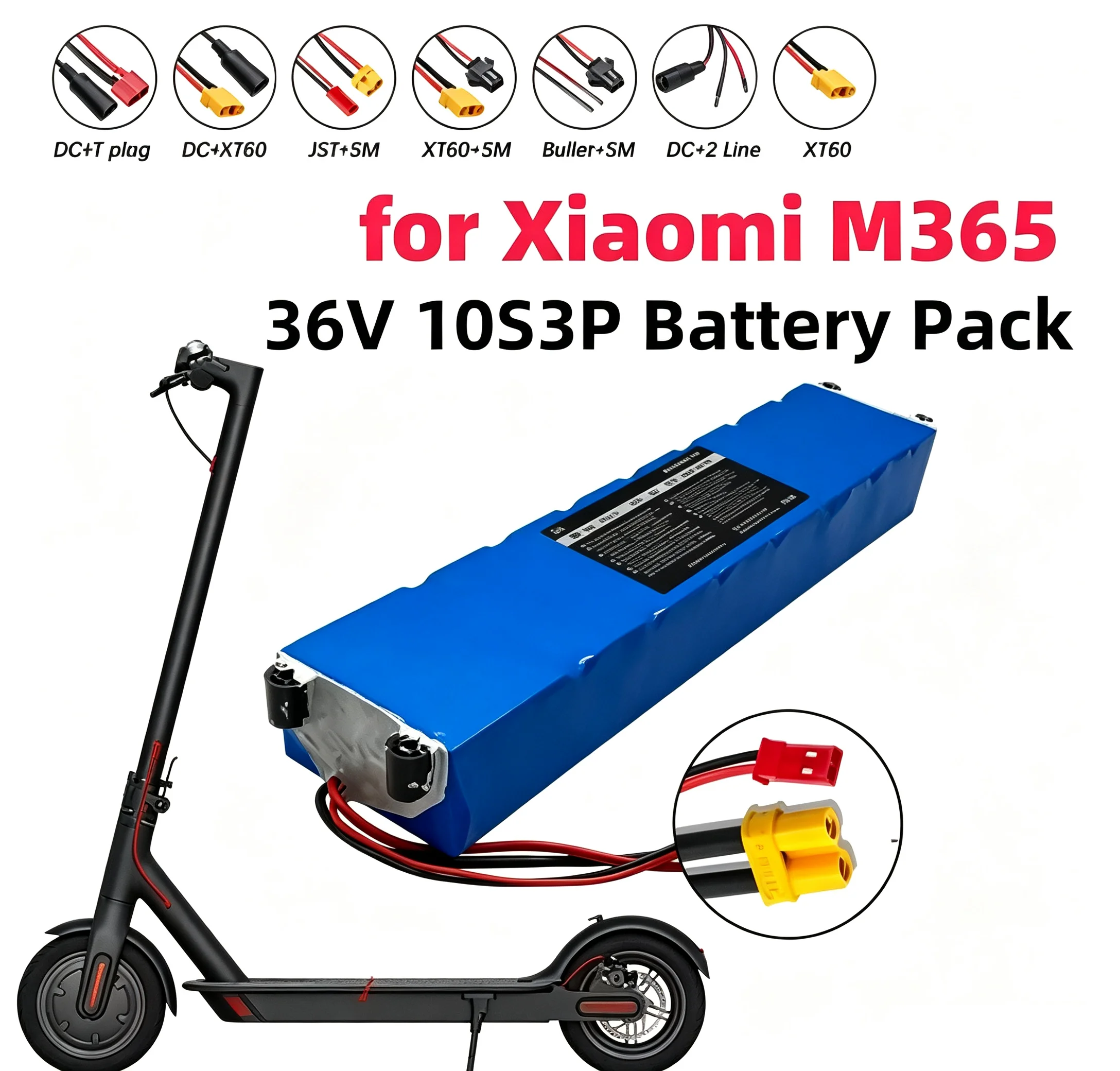 36V 10,5Ah 10S3P Elektroroller-Akku, Klasse A 18650 Lithium-Ionen-Zellen, passend für 388W-500W Motor, eingebauter BMS-Schutz, XT30+JST-Anschluss, langlebiger Ersatzakku mit großer Reichweite und