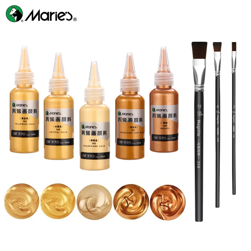 8-teiliges Perlglanz-Acrylfarben-Set von Marie, 5 Farben Schillernde Metallic-Glanz-Schimmerpigmente mit 3 Pinseln (50ml/1,7fl.oz)