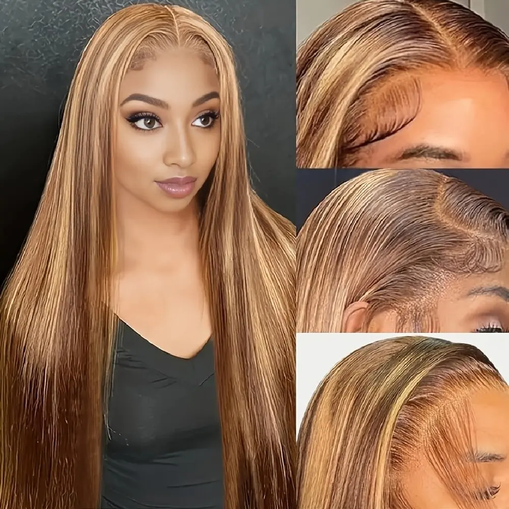 13x4 Straight Transparent Lace Frontal Wig P4/27 Ombre Brown with Highlight 200% Density Human Hair 20 22 24 26 30 Inch Pre-Plucked With Baby Hair Suitable for Women's Daily Wear