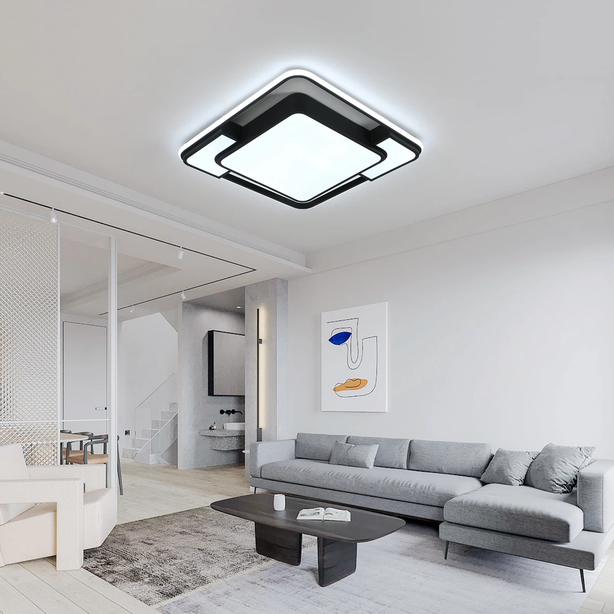 مصباح سقف LED، مصباح سقف ممر بتصميم منحني مربع أسود لغرفة نوم المطبخ والحمام، أبيض بارد 6000 كلفن