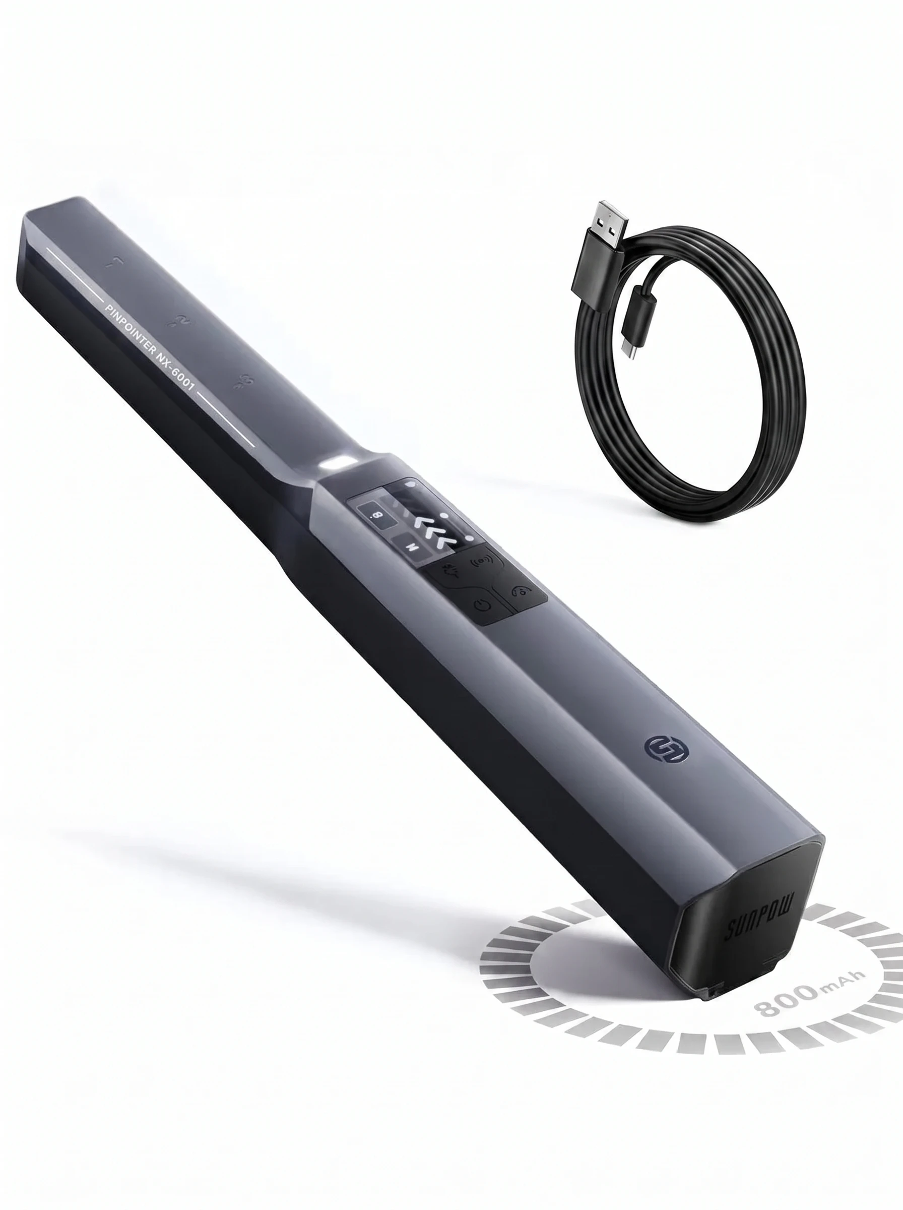 SUNPOW Détecteur de Métaux Pinpointer Rechargeable IP68 Entièrement Étanche 15cm 360° Haute Sensibilité 4 Modes LCD LED SOS Type-C 12h pour Chasse au Trésor Plage Sous l'Eau