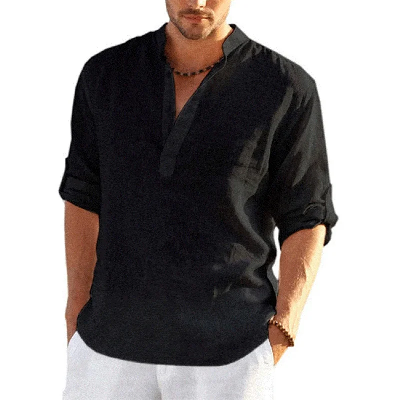 Camisas de lino y algodón para hombre, ropa holgada informal con cuello en V, Tops de Color sólido, camiseta de manga larga de talla grande Simple a