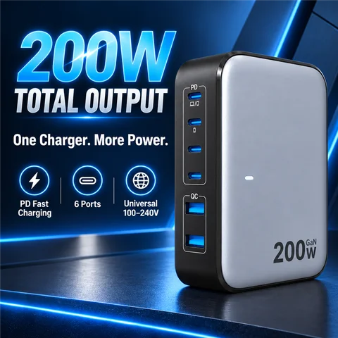 【Carregador com plugue americano】Carregador rápido de 200 W com tecnologia GaN, para computadores portáteis e desktops, compatível com iPhone 18, 17, 16 Pro Max, Macbook Air Pro, iPad e Samsung.