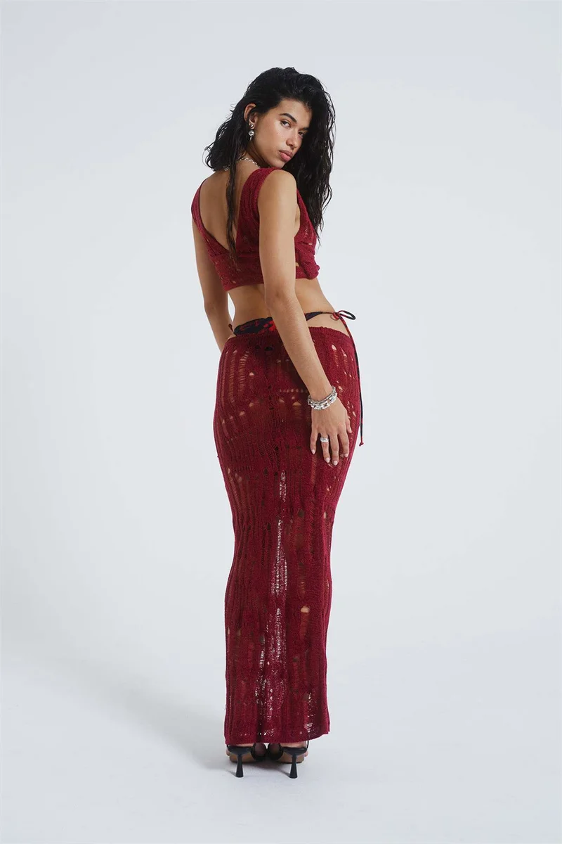 Robe de plage longue pour femmes, 2 pièces, tricotée, Cover-Up pour Bikini, Sexy, ajouré, décolleté en V profond, haut court et jupe taille haute, jupe portefeuille, maillot de bain au Crochet