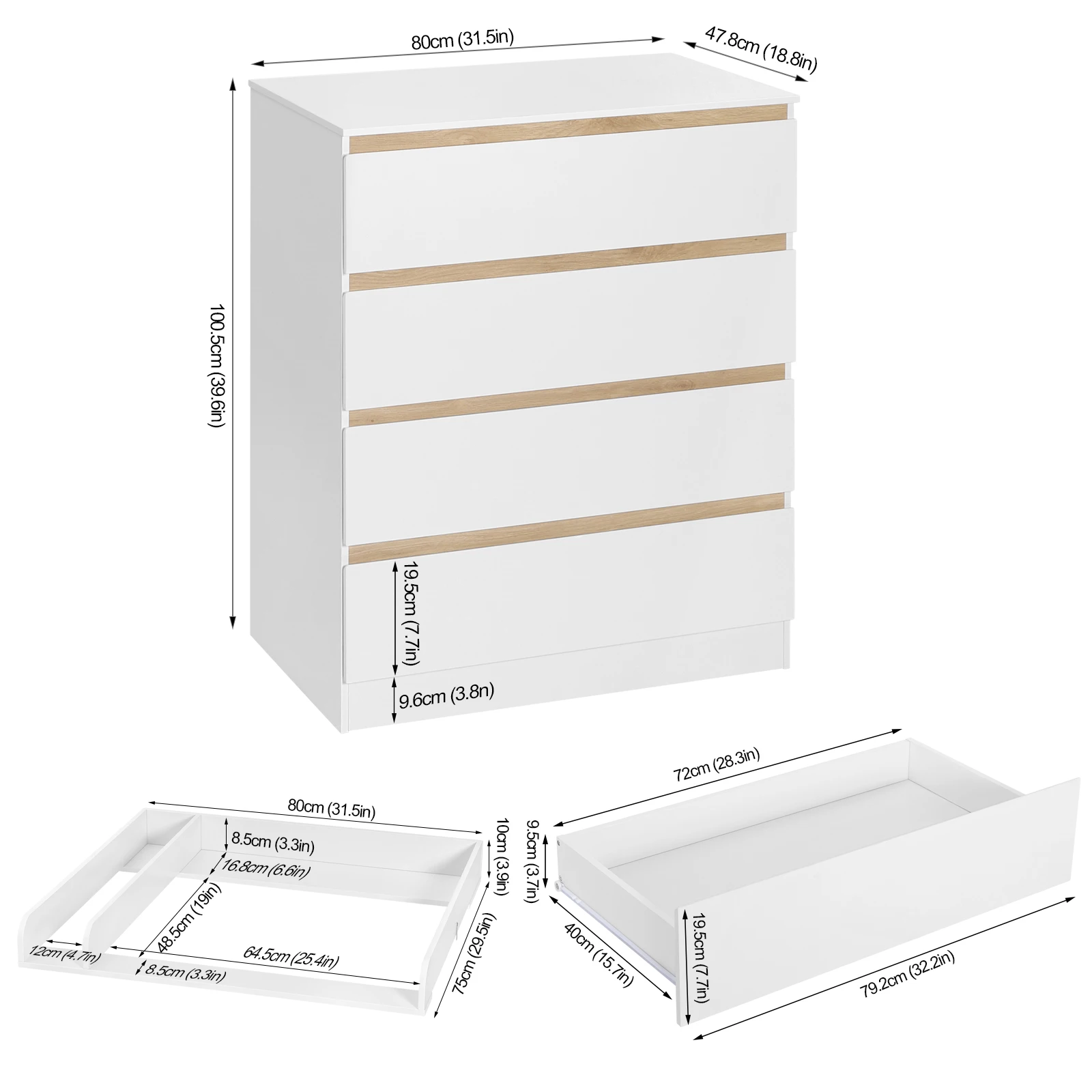 1 Juego de cambiador blanco con 4 cajones, 80x75x109,2 cm, cómoda, unidad de almacenamiento para bebé para habitación de niños