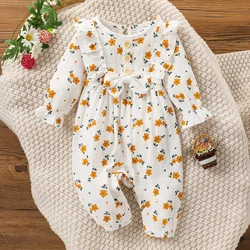 New Baby Girl's Long Sleeve Printing Flower With Cotton Bow Summer Bobysuit Cute Jumpsuit