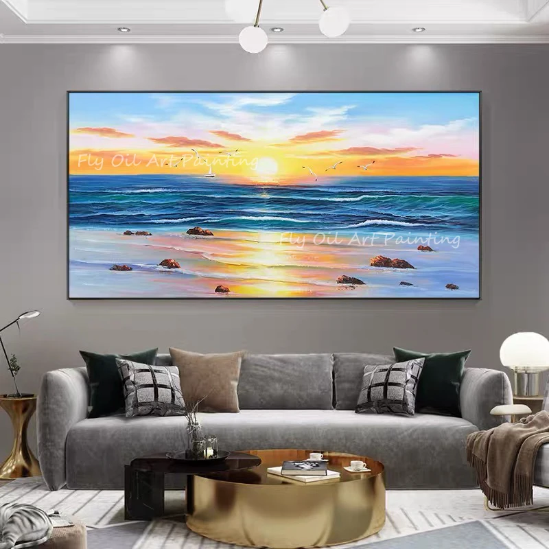 

Hand-painted ocean seascape blue and navy landscape beautiful art with sunset Oil Painting on Canvas Wall Art as a gift