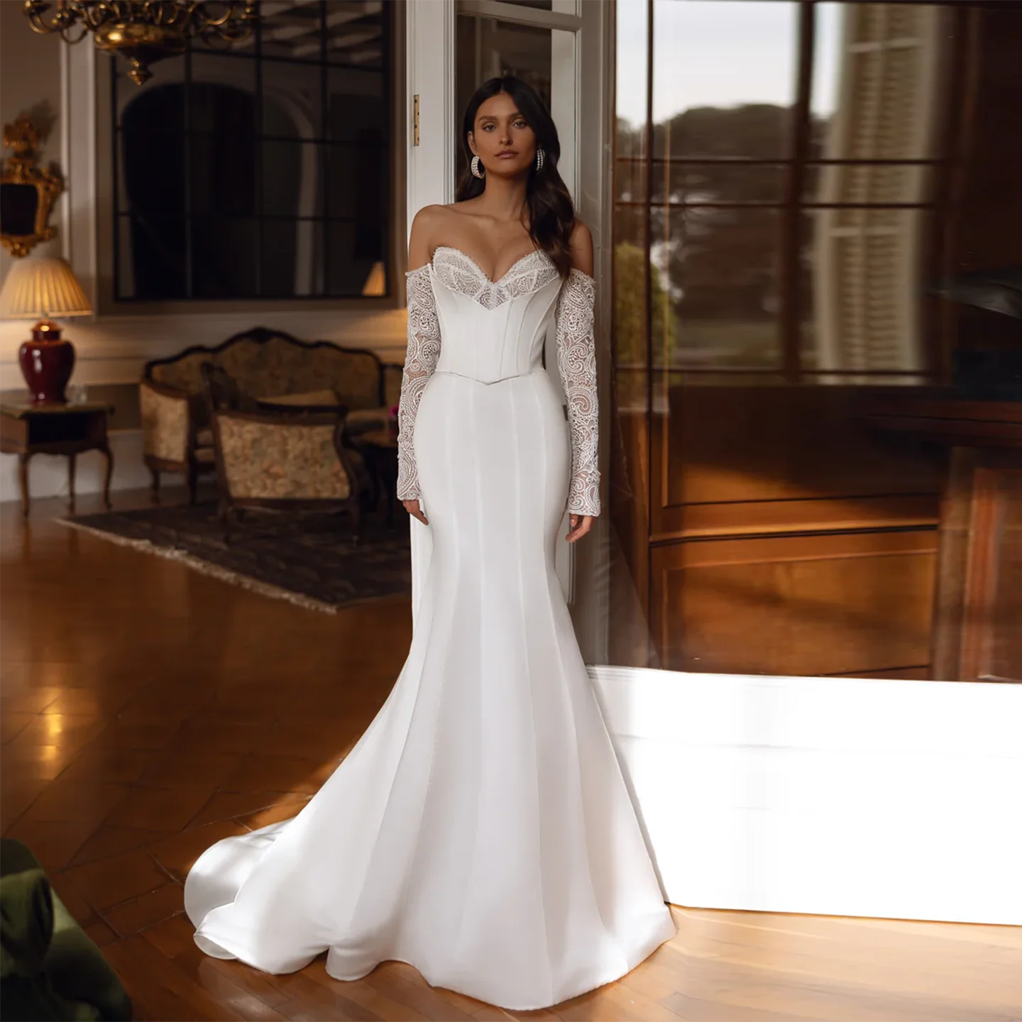 

Sharon Said Simple Mermaid White Satin Wedding Dress 2025 Sexy Corset Long Lace Sleeve Sweep Train Bride Gowns SW398 Customized