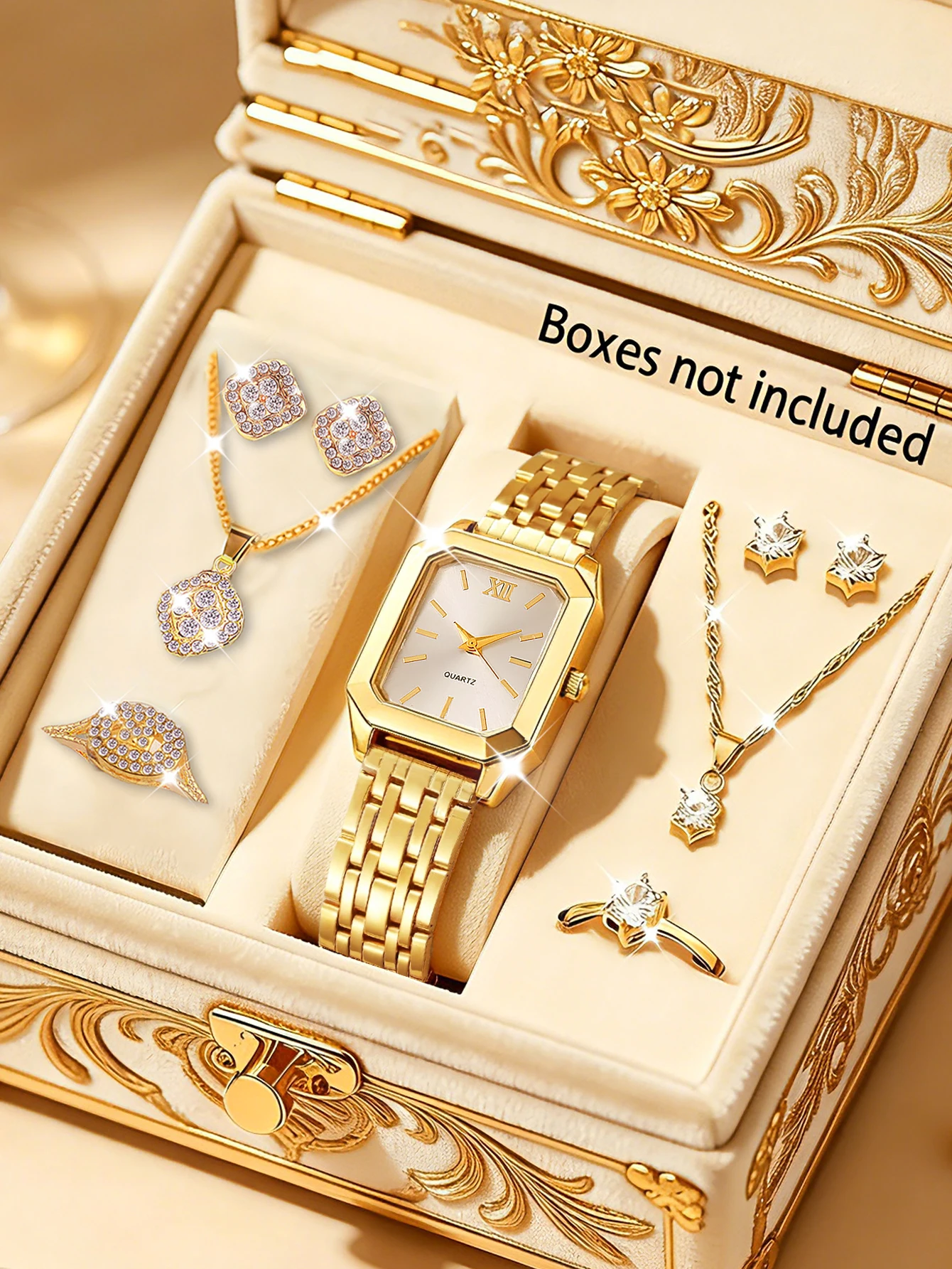 9-Piece Set, Fashionable Square Quartz Watch Paired with Exquisite Jewelry Set, Can Be Freely Matched and Worn, Stylish and Exquisite, Suitable for Banquets, Gatherings, Parties, and as a Holiday Gift.
