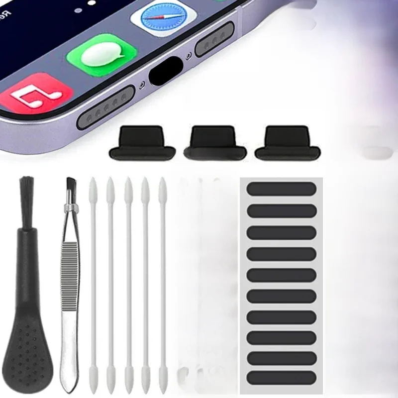 Prise Anti-poussière universelle pour haut-parleur de téléphone portable, maille autocollante pour iPhone Samsung Mi Charge Port protecteur ensemble de brosses de nettoyage