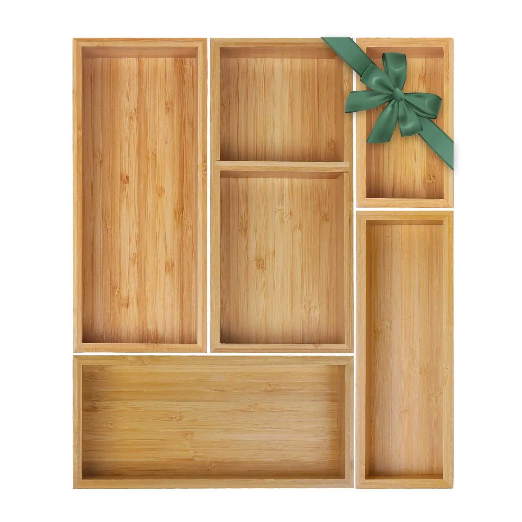 Bamboo Drawer Organizer Set, Individual Wood Storage Organizers 5 PCS Multi-Use Junk Drawer Divider, Storage Trays Containers for Kitchen, Bathroom, Office Desk, Makeup, Jewelry, Utensils