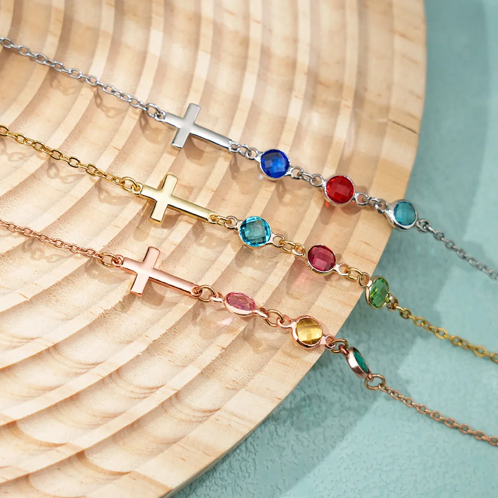 Mother Cross Necklace with Birthstones Sideways Cross Necklaces Gift Stocking Stuffer Mother Necklaces