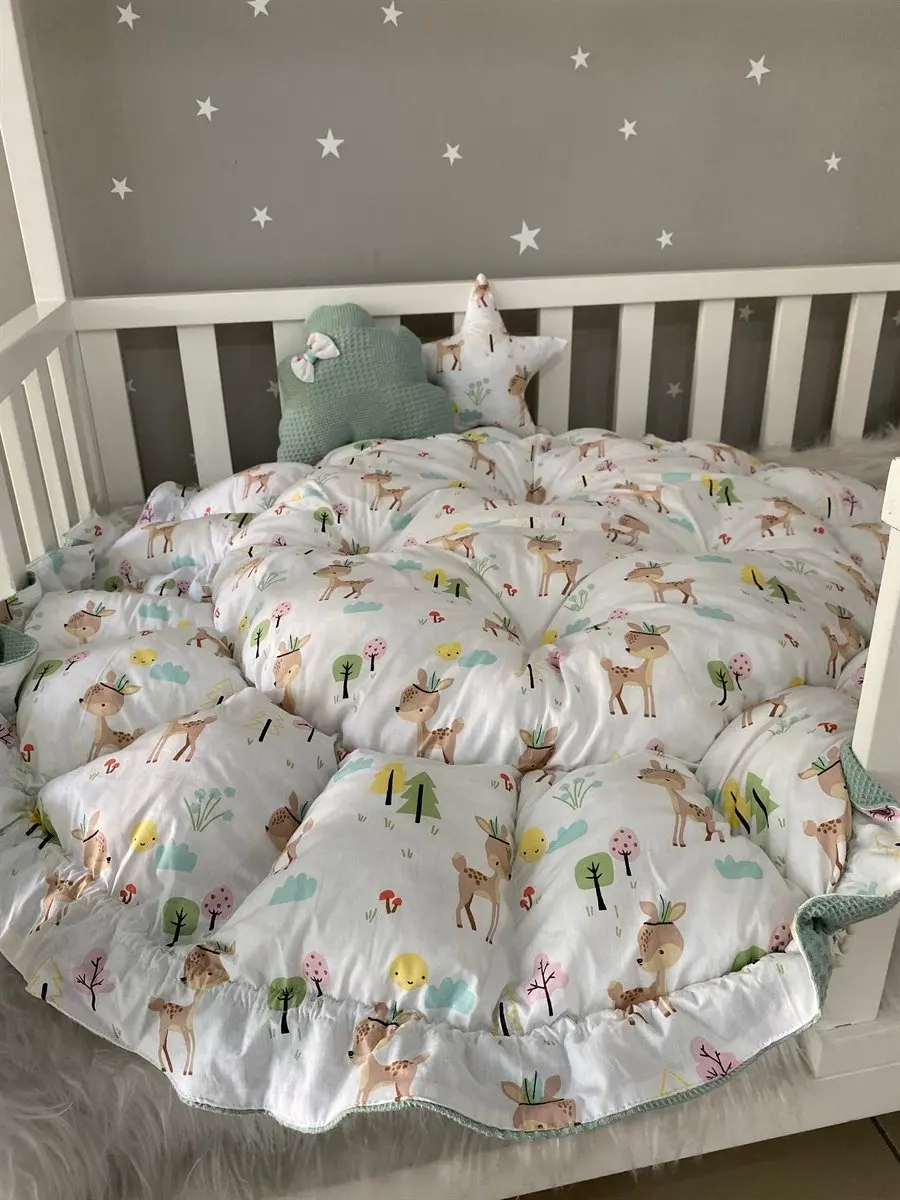 Handmade Green Pique Fabric Gazelle Pattern Combination Design Retractable Play Mat with Mosquito Net Apparatus Babynest