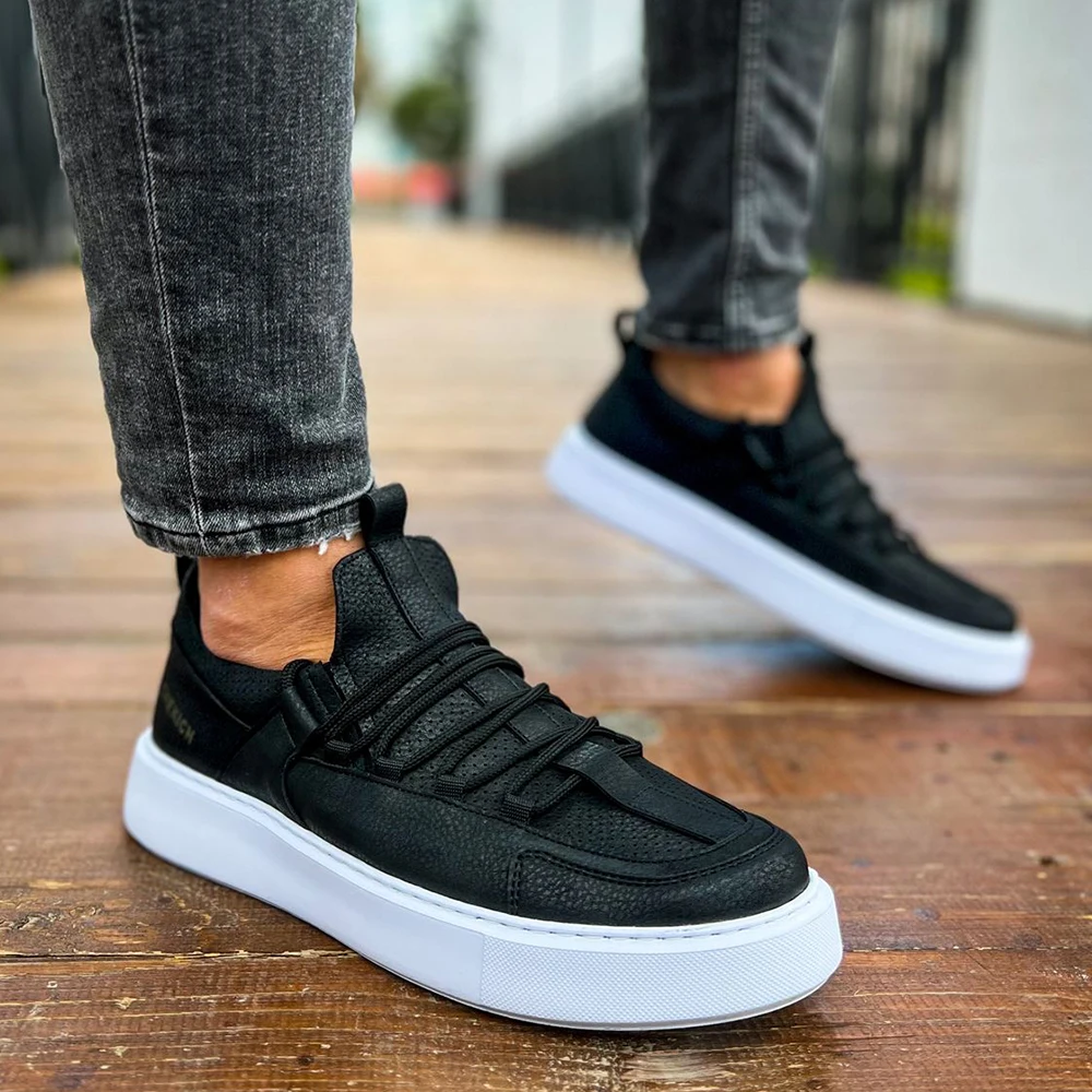 FOH Store Sneakers for Men BT BLACK Artificial Leather 2023 Spring Autumn Casual Lace Up Fashion Shoes High Base Sport Comfortable Light Vulcanized Daily Original Canvas Odorless Orthopedic Suits Office Wedding 159