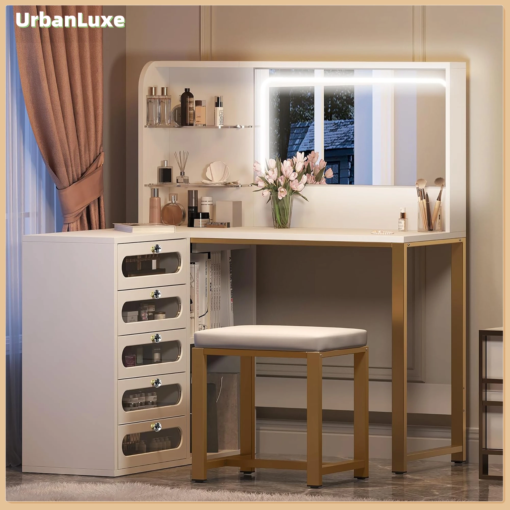 UrbanLuxe Toeletta con illuminazione, 5 cassetti e sgabello da parrucchiere, ampio spazio di archiviazione, Bianco