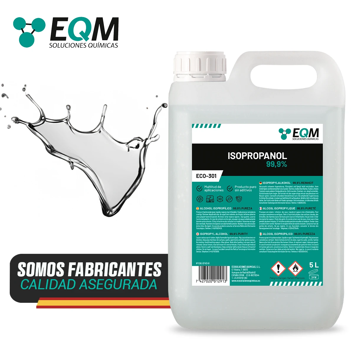 EQM | ECO-301 | Isopropyl Alcohol 99,9% | Isopropanol | Cleaning electronic components, lenses and screens | 3D printing resin cleaning | Glass cleaner and degreasant (5 litres)