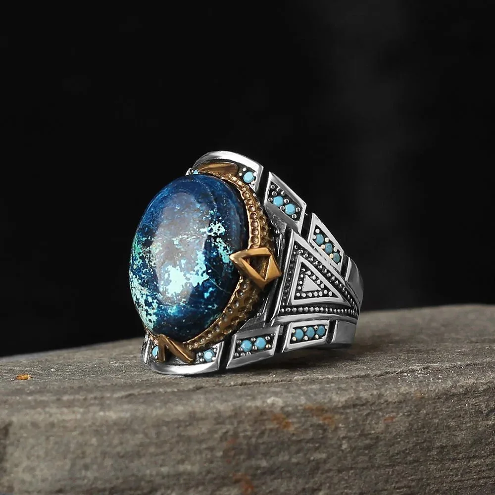 925 Sterling Silver Azurite Stone Ottoman Men's Ring