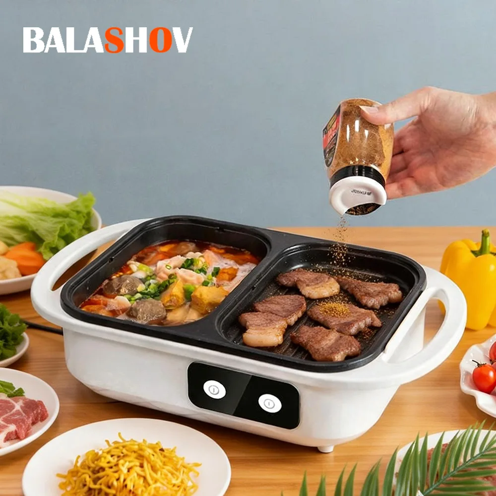 Elektrischer Multikocher, Grillplatte, Grill, Fritteuse, Pfanne, Hot Pot mit BBQ-Grill, Steaks, 2-in-1-Kochtopf für Ramen-Nudeln