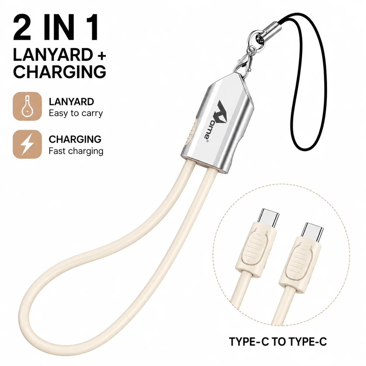 USB-C naar USB-C 60W 2-in-1 kabel met hangriem |     Pd Snelladen |     30 cm draagbare sleutelhangerkabel voor mobiele telefoon, tablet en meer