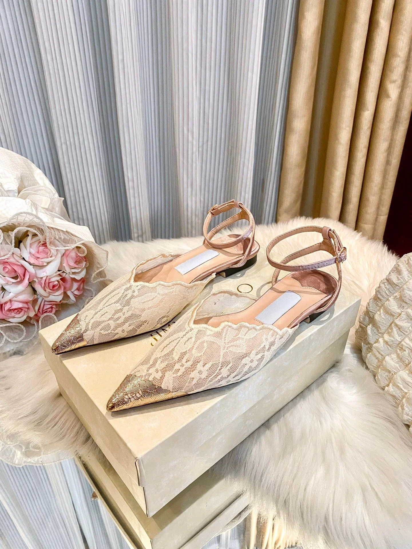 26th Summer New Design Women's Flat Shoes - Lace Style - High-end European Style - Light Brown - Beautiful Evening Shoes