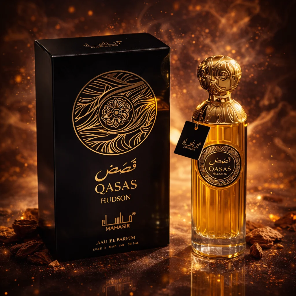 Parfum Qasas Hudson 100 ml - Manasik. Parfum oriental, aromatique et intense, avec des notes boisées de cèdre, des nuances d'agrumes frais, des touches florales et une base chaleureuse.